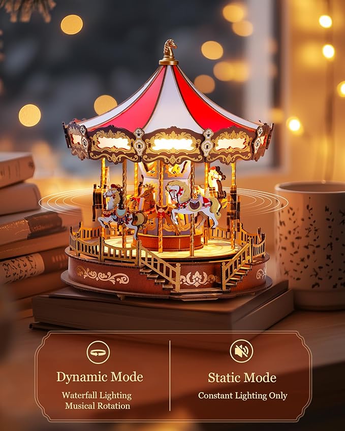 Rowood 3D Puzzles for Adults,Wooden Carousel Music Box for Adults,DIY Christmas Collectible Building Model Kit - Classic Carousel