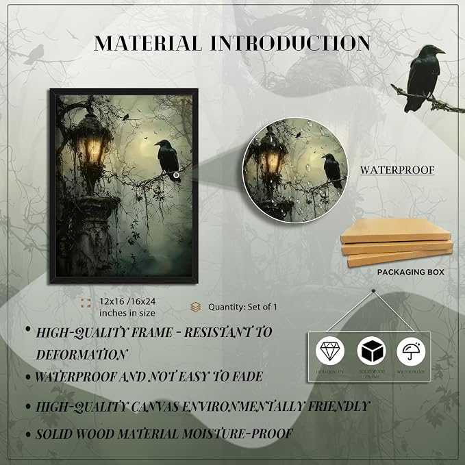 Gothic Decor Framed Wall Art, Vintage Dark Academia Canvas Prints, Horror Forest Crow Wall Decor for Living Room Bedroom Home Decor – Black Wooden Frame 16x24in