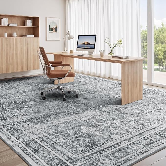 5x7 Area Rug for Living Room Bedroom, Non-Slip Washable Grey Carpet | Soft Neutral Rugs for Dining Room Home Office Indoor Nursery, Stain Resistant, Low Pile, Foldable, Vintage Distressed Rug