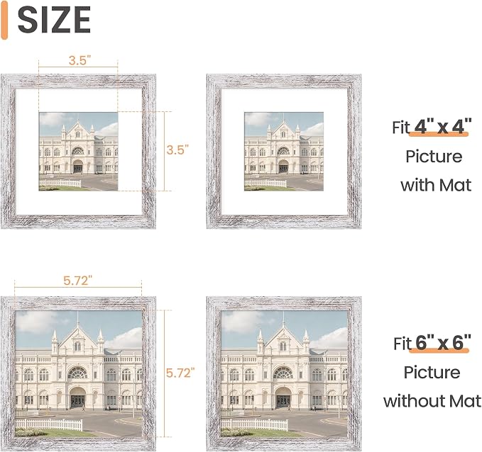 upsimples 6x6 Picture Frame, Display Pictures 4x4 with Mat or 6 x 6 Without, Wall Hanging Square Frames, Rustic White, 1 Pack