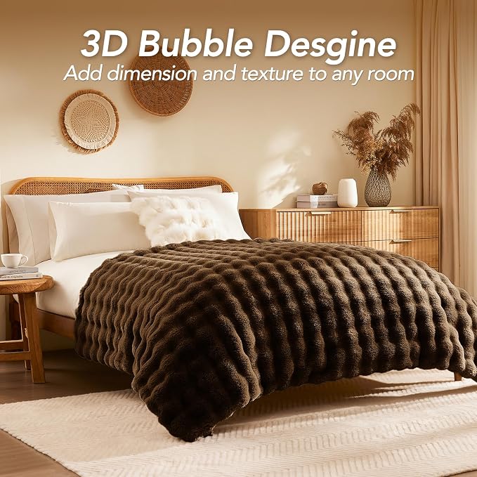 L'AGRATY Faux Rabbit Fur Throw Blanket for Couch, 90'' x 90'', Cocoa Brown | Soft Cozy Bubble Fluffy Blanket for Sofa Bed, Thick Warm Plush Fuzzy Throw for Room Home Decor, Luxury Gift for Women Mom