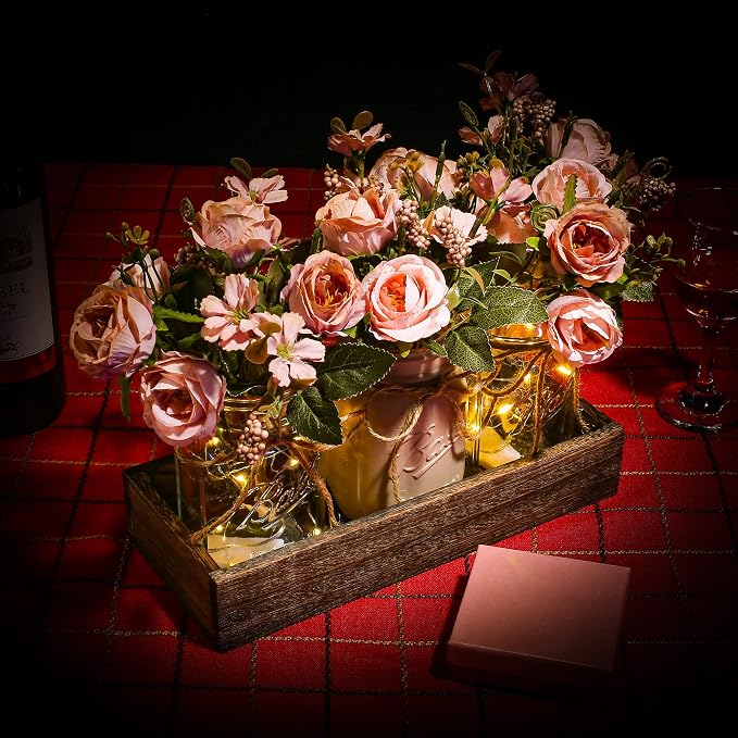 3 Pcs Mason Jar Centerpiece Table Decorations for Dining Table Decor Farmhouse Coffee Table Decor with Wood Tray and Led Light Table Centerpieces for Dining Room Kitchen Living Bathroom,Pink