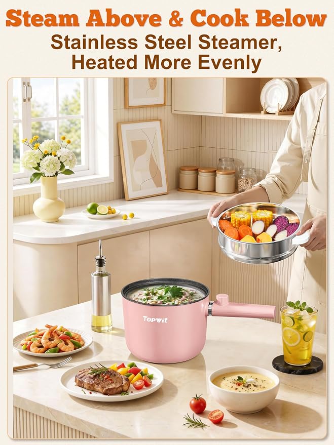 Topwit 1.5L Hot Pot Electric, Portable Ramen Cooker, Non-Stick Frying Pan | BPA-free, Glass Lid, Overheat & Boil-dry Protection, Electric Pot for Pasta, Steak, College Dorm Office Travel Essentials