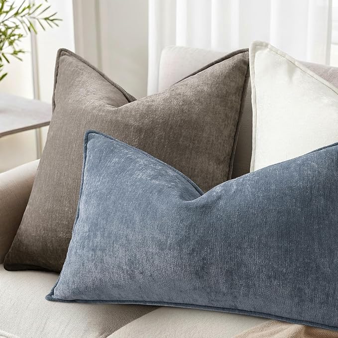decorUhome Chenille Dark Grey Velvet Throw Pillow Covers 22x22 Set of 2 | Fall Soft Euro Sham Couch Decorative Modern Farmhouse Pillow Cases with Elegant Design for Sofa Bed Living Room Home Decor