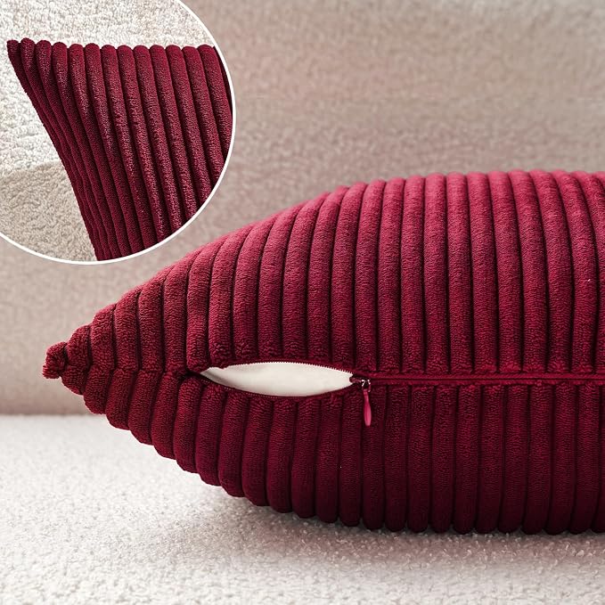 MIULEE Decorative Corduroy Throw Pillow Covers Set of 2 20x20 Burgundy | Soft Striped Textured Cushion Cases, Boho Energetic Vibe Pillowcases for Home Decor, for Couch Chair Sofa Bed Living Room