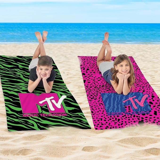 NORTHWEST MTV Beach Towel 2-Pack - Soft, Fast-Drying, Sand-Free Oversized Pool Towels, Neon Zebra & Pink Cheetah Designs, 30" x 60"