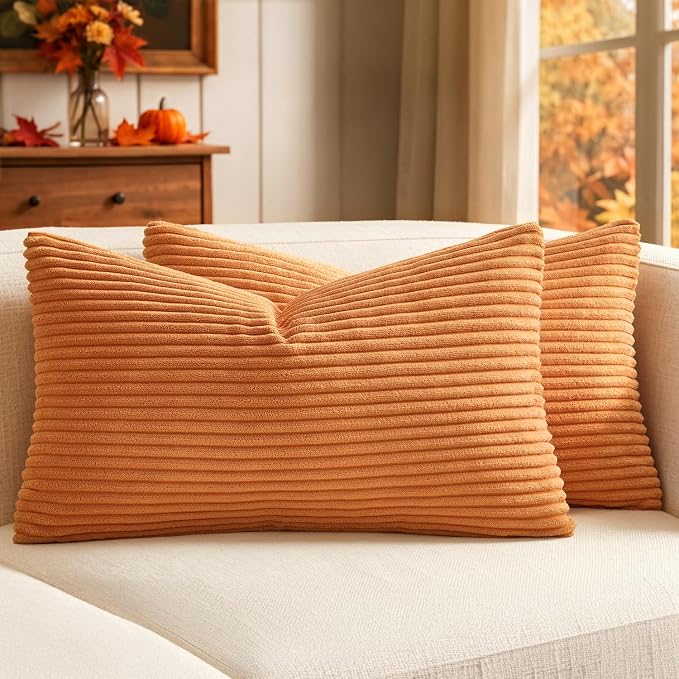 MIULEE Fall Lumbar Corduroy Throw Pillow Covers Set of 2 12x20 Burnt Orange | Decorative Striped Textured Cushion Cases, Boho Rustic Pillowcases for Home Decor, for Couch Chair Sofa Bed Living Room