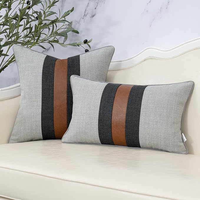 Patchwork Pillow Cover 18x18 Inch Luxury Cotton and Linen Cushion Cover Faux Leather Pillowcover for Couch Bedroom Living Room, Gray