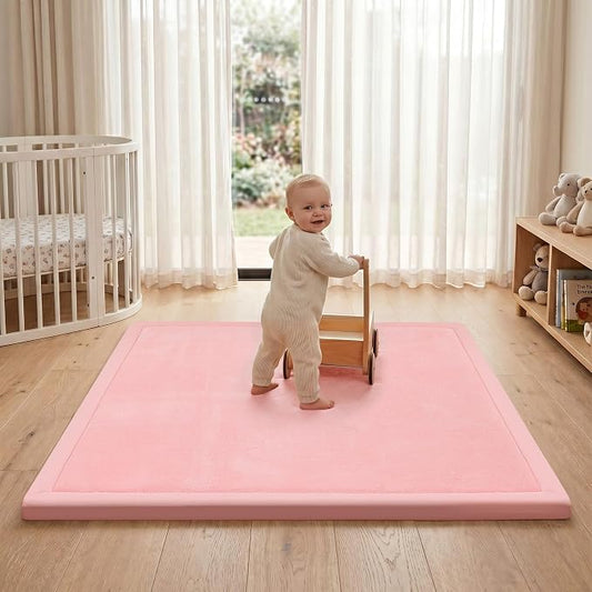 ACOMOPACK 1.3" Thick Baby Play Mat for Floor,50x50 Elasti-Foam Playpen Mat for Kids,Infants,Toddlers, Ultra Soft Crawling Mat with Non-Slip Bottom,Tummy Time,Nursery Rug,Yoga,Tatami（Pink）