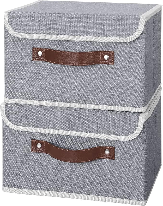 ANMINY Fabric Storage Box Bins with Lids, Gray, 10"x8"x7", 2 Pack | Keepsake Memory Storage, Cotton Linen, PP Board Reinforced, Washable, PU Handles, Foldable & Stackable, Decorative, Small