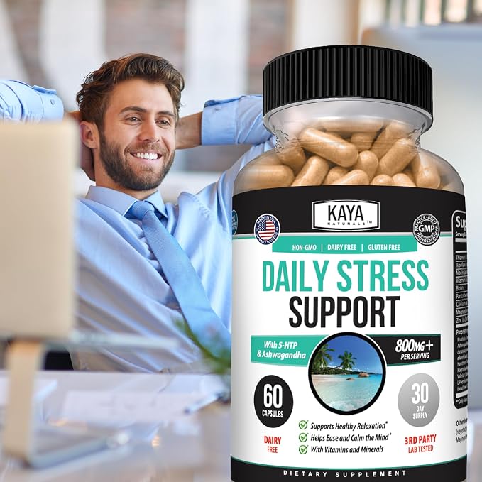 Kaya Naturals - Natural Herbal Stress Support Vitamin Supplement to Relax and Calm the Mind - Boost Mood - Happy Pills - Stress Relief Support - Vitamin Supplement - 60 Capsules