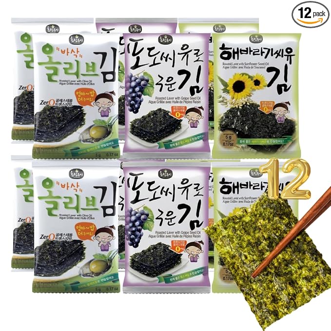 Korean Food Mixed Roasted Seaweed Snack Set 12 Count Vegan Gluten Free | Roasted seaweed snack set with olive, grapeseed, and sunflower oils. Vegan, gluten-free, and includes 12 individual packs.
