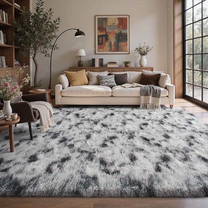8x10 ft Fuzzy Rugs for Living Room,Black and White Bedroom Area Rug Non-Slip,Carpet for Nursery Kids PlayRoom Indoor Modern Plush Carpets