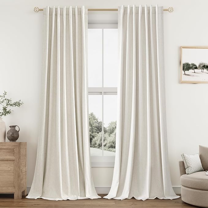 Guken 100% Blackout Linen Curtains for Bedroom 92 Inches Long Natural Cream Black Out Curtain Back Tab Thermal Insulated Room Darkening Window Drapes for Living Room 2 Panels Beige Ivory 52x92