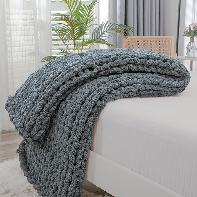 Bigacogo Chunky Knit Throw Blanket for Couch, 40x60 inches, Iron Gray | Hand Knit with Jumbo Chenille, Soft Breathable Cable Knit for Sofa Bed Living Room, Machine Washable, Gift for Mom Friend