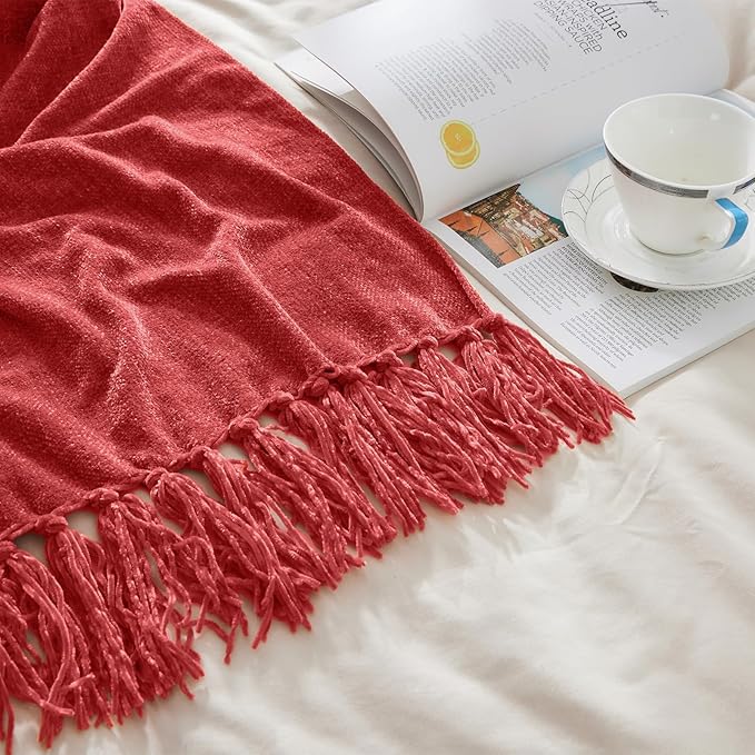 CozeCube Chenille Throw Blanket, Christmas Red Fringe Blanket, 60"X80" | For Couch, Cozy Plush Fuzzy Decorative Blanket with Fringe Tassels, Lightweight Throws for Bed Sofa Gift Home Decor