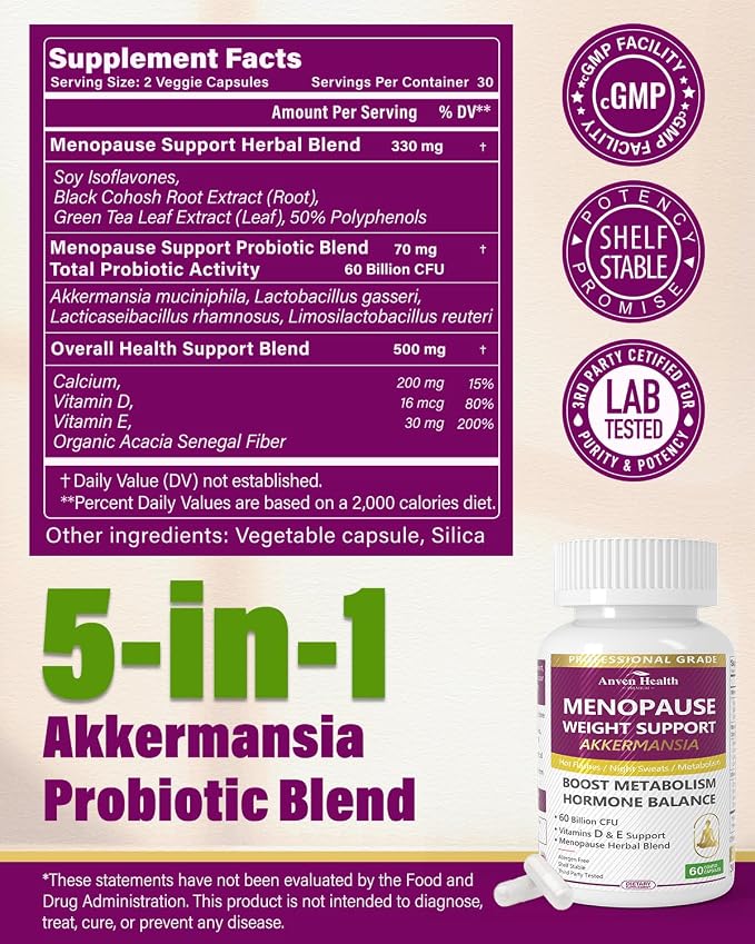 Menopause Relief Probiotics Akkermansia Hot Flashes 120 Caps | 60 Billion with Akkermansia Probiotic & Prebiotic, Vitamin D & E, Hormone Balance, Metabolism, Gut Health, Hot Flashes