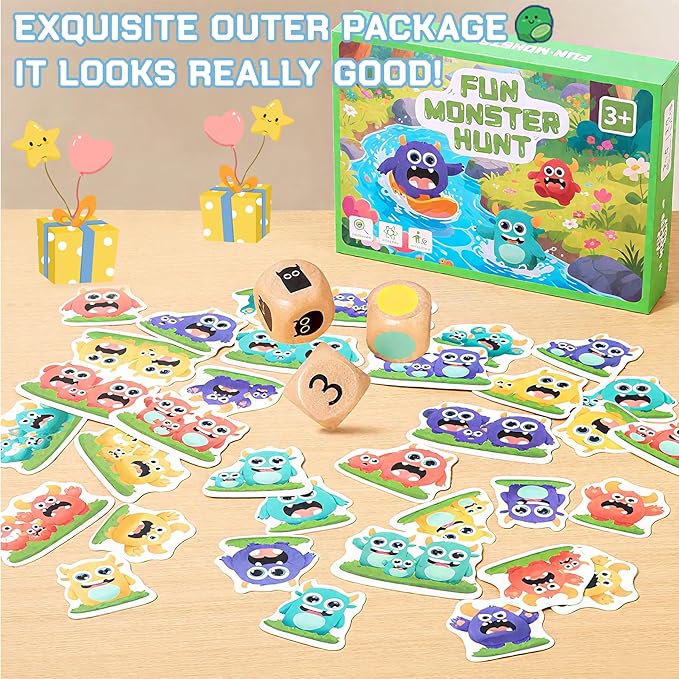 Fun Monster Hunt Kids Card Game for Ages 3+ Family Speed Matching Game with 36 Monster Cards & Dice Educational Party Favors for Hand-Eye Coordination