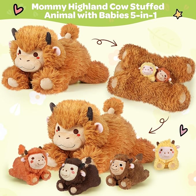 KMUYSL Highland Cow Stuffed Animal for Girls Ages 3 4 5 6 7 8+ Years Old, Mommy Cow Animals Plush Toys with 4 Baby Calves, Soft Animal Stuffed Toys Set, Christmas Birthday Gifts for Kids Girls