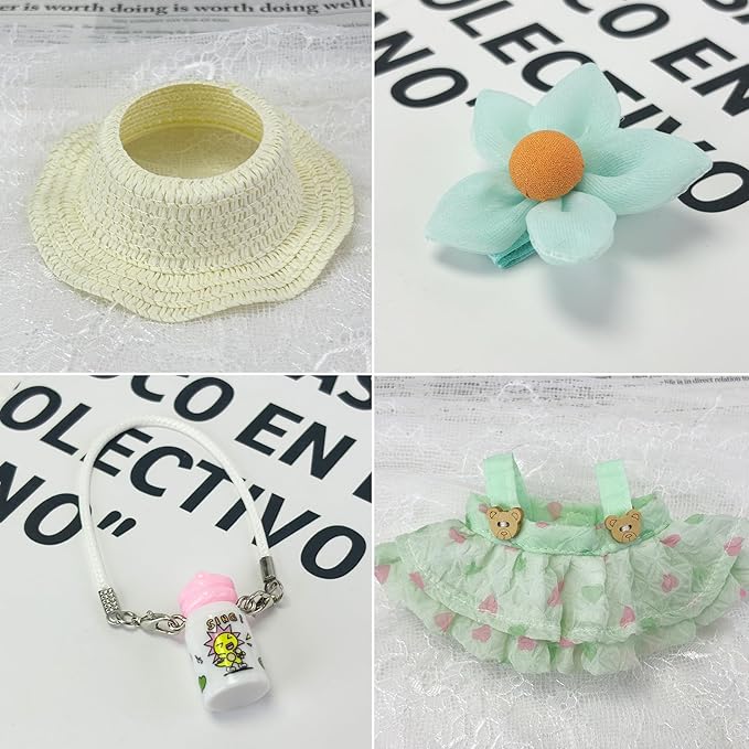 17cm Doll Clothes 4 PCs Accessories Outfits Green Dress Straw Hat Flower Clip Bottle Clothing Set for Keychain,No Doll(Green)
