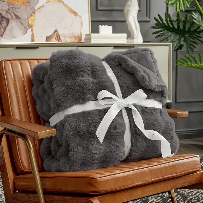 Cozy Bliss Faux Fur Bubble Throw for Couch, Fuzzy Soft Plush Thick Blanket for Sofa Bedroom Living Room, 60x80 Inches Charcoal Grey