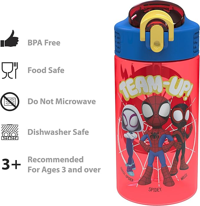 Zak Designs Marvel Spider-Man Kids Water Bottle with Spout Cover and Carrying Loop, Durable Plastic, Leak-Proof Water Bottle Design for Travel (16 oz, 2-Pack, Spidey and His Amazing Friends)