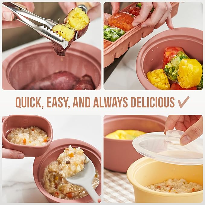 27oz Platinum Silicone Microwave Steamer Pot with Handle & Lid - Korean 100% Food-Grade Steamer Bowl, Heat-Resistant Cooker with Steam Holes, Easy Clean, Dishwasher Safe, Dry Rose