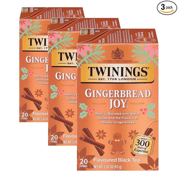 Twinings Gingerbread Joy Black Tea Individually Wrapped Bags, 20 Count (Pack of 3), Ginger & Cinnamon, Caffeinated, Enjoy Hot or Iced | Packaging May Vary