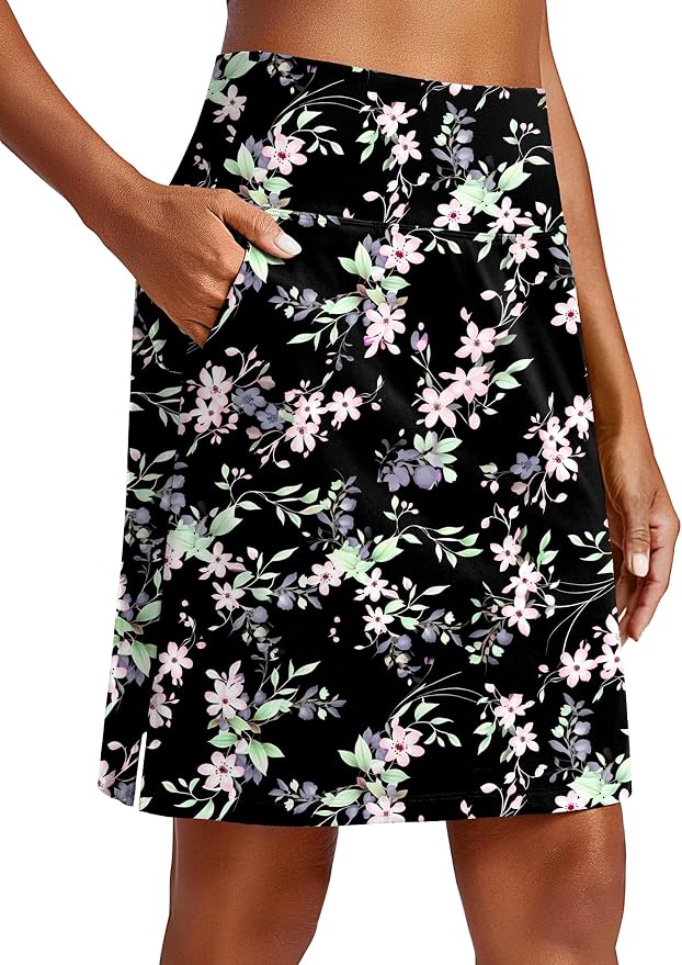PINSPARK 20" Skorts for Woman Knee Length UPF 50+ Golf Skirts | 4 Pockets, Built-in Shorts, High Waisted, Split Hem, Silky-smooth, Moisture-wicking, for Golf Athletic Tennis Workout Casual