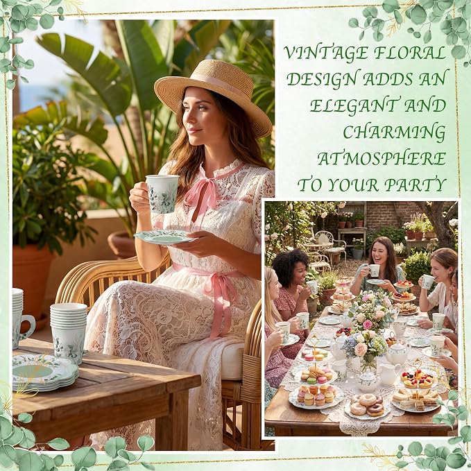 NatNarr 24 Sets Eucalyptus Leaf Tea Party Cups, 7 OZ Disposable Paper Tea Cups with Handle and Plates Teacups and Saucer Sets for Bridal Baby Shower Wedding Birthday Spring Party