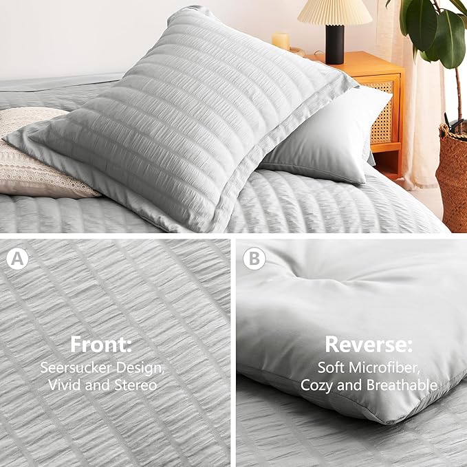 CozyLux Full Size Comforter Sets with Sheets 7 Pieces, Light Grey Seersucker Bed in a Bag Textured Luxury Soft Light Gray Bedding Set Down Alternative Comforter, Sheets, Pillowcases & Shams All Season