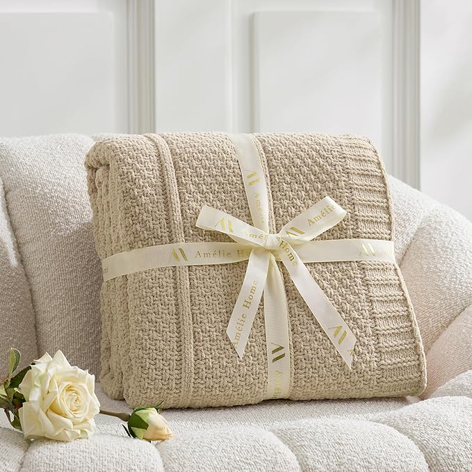 Amélie Home Premium Chenille Throw Blanket, Soft Cozy Moss Stitch Knit Blanket for Couch, Sofa, Chair, Home Decor, Beige 50"x60"