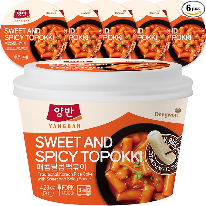 Dongwon Yangban Instant Tteokbokki Cup, 6-Pack with Forks, Sweet & Spicy Korean Rice Cakes in Gochujang-Style Chili Sauce, Microwave Ready in 3 Minutes, Mild-Medium Heat Snack, 4.23oz (120g)