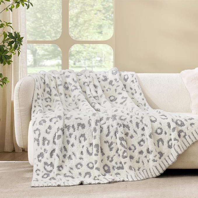 Snuggle Sac Leopard Luxury Faux Fur Throw Blanket for Couch,Ultra Soft Cozy Plush Fluffy Blanket for Sofa Bedroom Living Room,Grey Leopard,50x60 inches