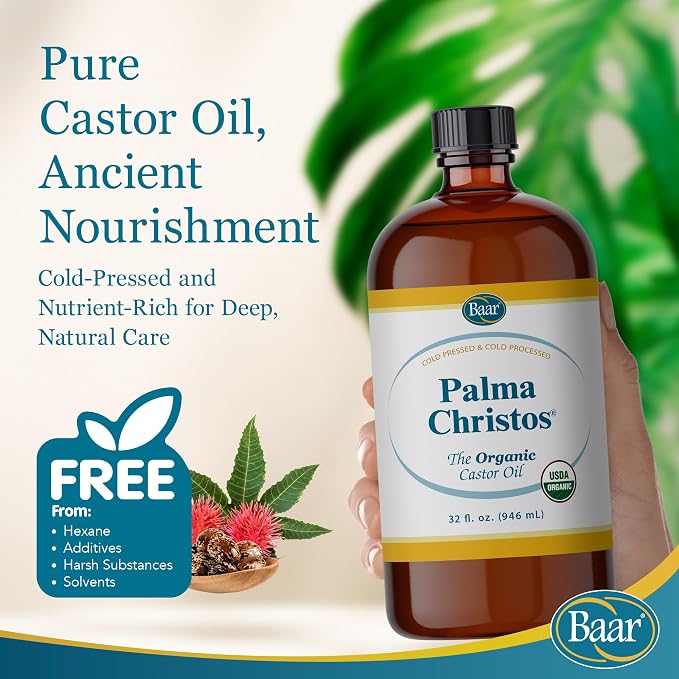 Baar Palma Christos Organic Castor Oil, Amber Glass Bottle, Cold-Pressed, Hexane-Free, for Skin, Hair, Eyelashes, Brows, Scalp, Massage & Castor Oil Packs, 32 oz