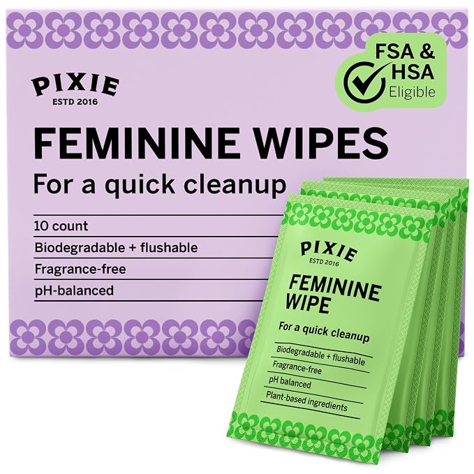 Pixie Feminine Wipes - Flushable, Biodegradable, & Ph Balanced - Individually Wrapped Packet Wipes for On The Go & Public Bathrooms - Wash & Cleaner For Your Menstrual Cups & Discs (1 Pack of 10)