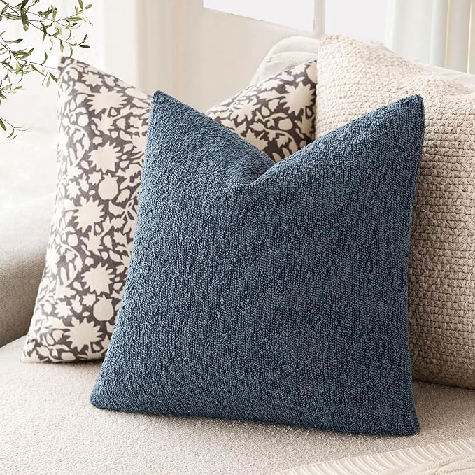 Foindtower Set of 2, Decorative Textured Boucle Throw Pillow Covers Accent Solid Pillow Cases Neutral Couch Cushion Case for Chair Sofa Bedroom Living Room Home Decor 26x26 Inch Dark Blue