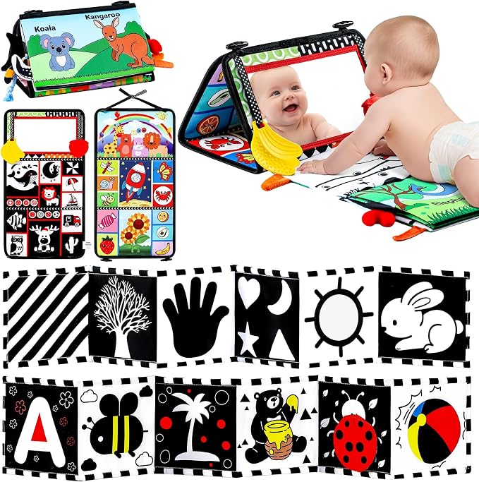3PCS High Contrast Black & White Baby Toys - Tummy Time Mirror Infant Toys with Crinkle Cloth and Teether, Visual Stimulation Sensory Books for Newborns 0 3 6 12 Months, Shower Gift, Stocking Stuffers