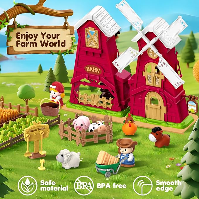 Farm Animals Barn Toys for 1 2 3 Year Old, Montessori Learning Toy for Toddlers, Farm Playset with Animal Figures and Accessories, Christmas Birthday Gift for Boys Girls Baby 12-18 Months