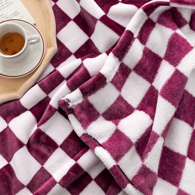 LOMAO Throw Blankets Flannel Blanket with Checkerboard Grid Pattern Soft Throw Blanket for Couch, Bed, Sofa Luxurious Warm and Cozy for All Seasons (Burgundy, 40"x60")