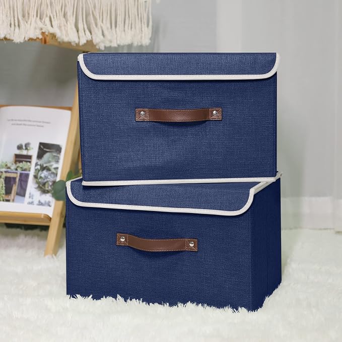 ANMINY Fabric Storage Box Bins with Lids, Blue, 13"x9"x7.9", 2 Pack | Keepsake Memory Storage, Cotton Linen, PP Board Reinforced, Washable, PU Handles, Foldable & Stackable, Decorative, Medium