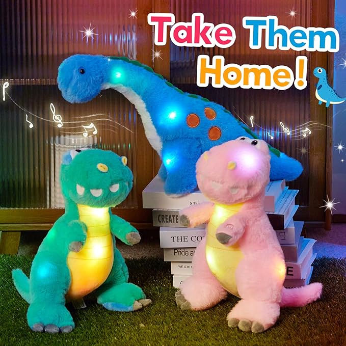 Houwsbaby 14" Blue Musical LED Dinosaur Stuffed Animal Floppy Diplodocus Plush Toy Singing Light Up Adorable Long Neck Lullaby Animated Soothe Baby Birthday Christmas Halloween for Kids Boy Toddlers