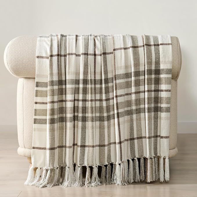 Plaid Chenille Knit Throw Blanket for Couch, 60"x80", Beige | Super Soft Knitted Throw with Tassels, Cozy, Decorative Farmhouse Plaid, Lightweight, Ideal for Bed Sofa Gift Home Decor