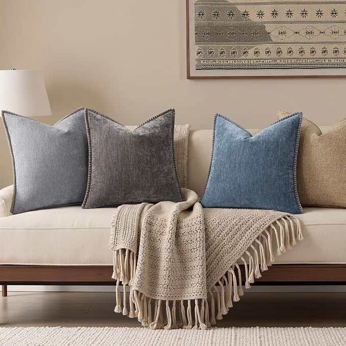decorUhome Soft Chenille Throw Pillow Covers 12x20 Set of 2 Haze Blue | Fall Textured Decorative Throw Pillow Cases Stitched Edge Modern Farmhouse Luxury Boho Velvet for Couch Sofa Bed Home Decor