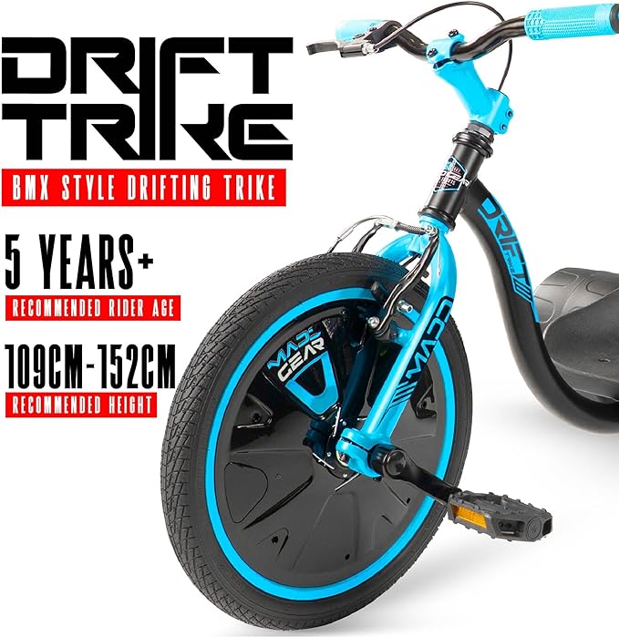 Drift Trike for Kids Ages 5+ – 16" Front Wheel Ride-On with Adjustable Seat, Steel Frame, Rear Slick Drift Wheels & Safety Flag – Madd Gear - (Black Blue)