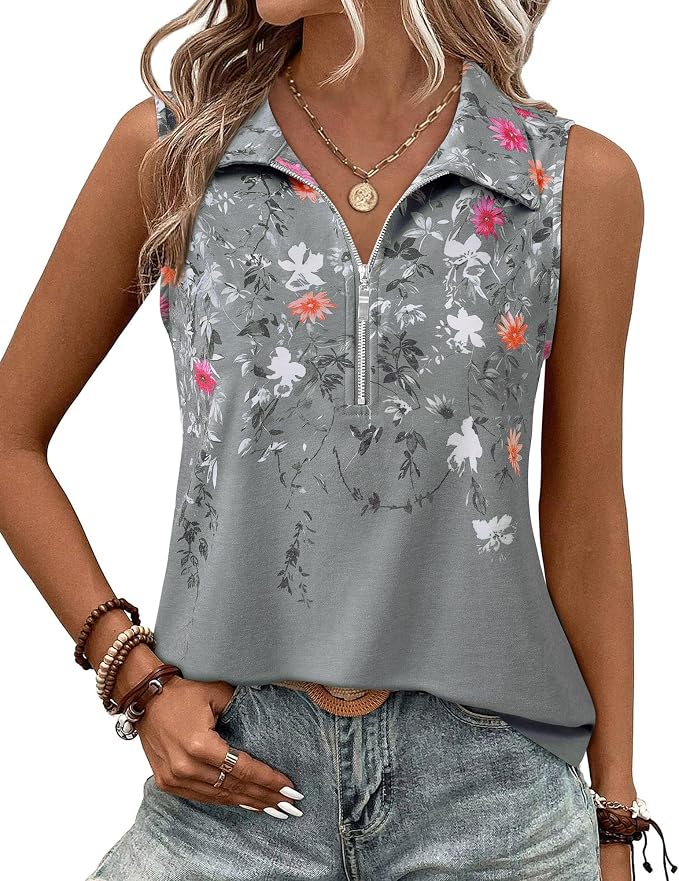 Vivilli Womens Ribbed Tank Top Zipper V Neck Dressy Casual Blouses Sleeveless Camisole Tops Work Tank Polo Shirts