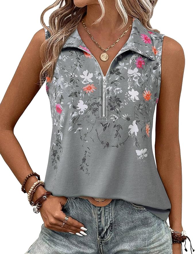 Vivilli Womens Ribbed Tank Top Zipper V Neck Dressy Casual Blouses Sleeveless Camisole Tops Work Tank Polo Shirts