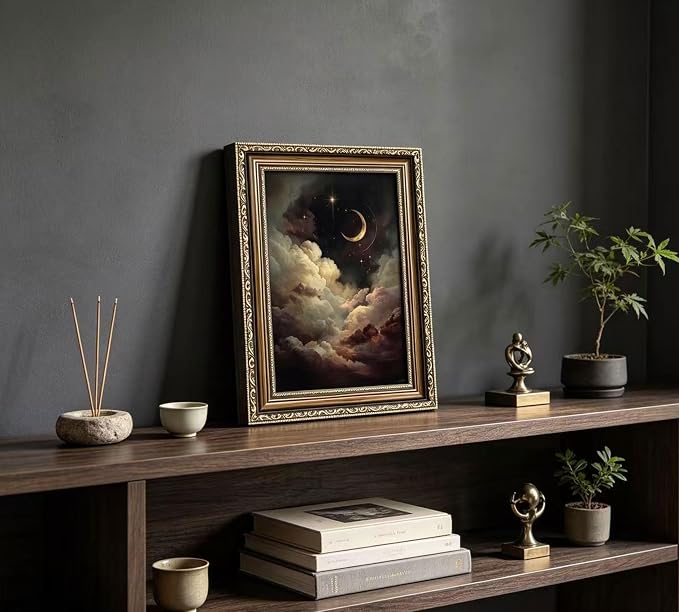 Vintage Gold Framed Crescent Moon Cloud Wall Art, Dark Academia Celestial Starry Sky Oil Painting Print, Antique Ornate Mystical Night Sky Wall Decor, Gothic Cottagecore Home Decor, 12x16in