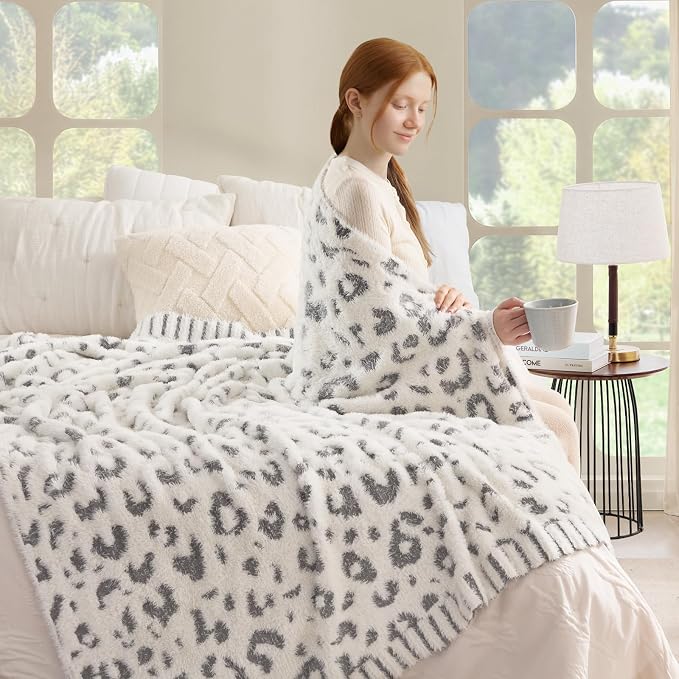 Snuggle Sac Leopard Luxury Faux Fur Throw Blanket for Couch,Ultra Soft Cozy Plush Fluffy Blanket for Sofa Bedroom Living Room,Grey Leopard,50x60 inches