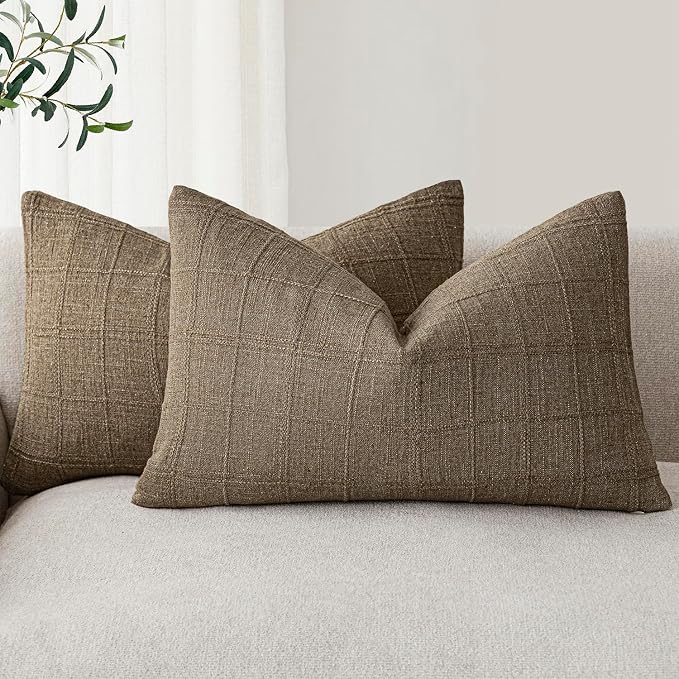 Foindtower Set of 2 Decorative Linen Check Throw Pillow Covers Neutral Farmhouse Lumbar Cushion Covers Modern Boho Home Decor for Sofa Chair Couch Bedroom Living Room,12×24 Inch,Light Brown